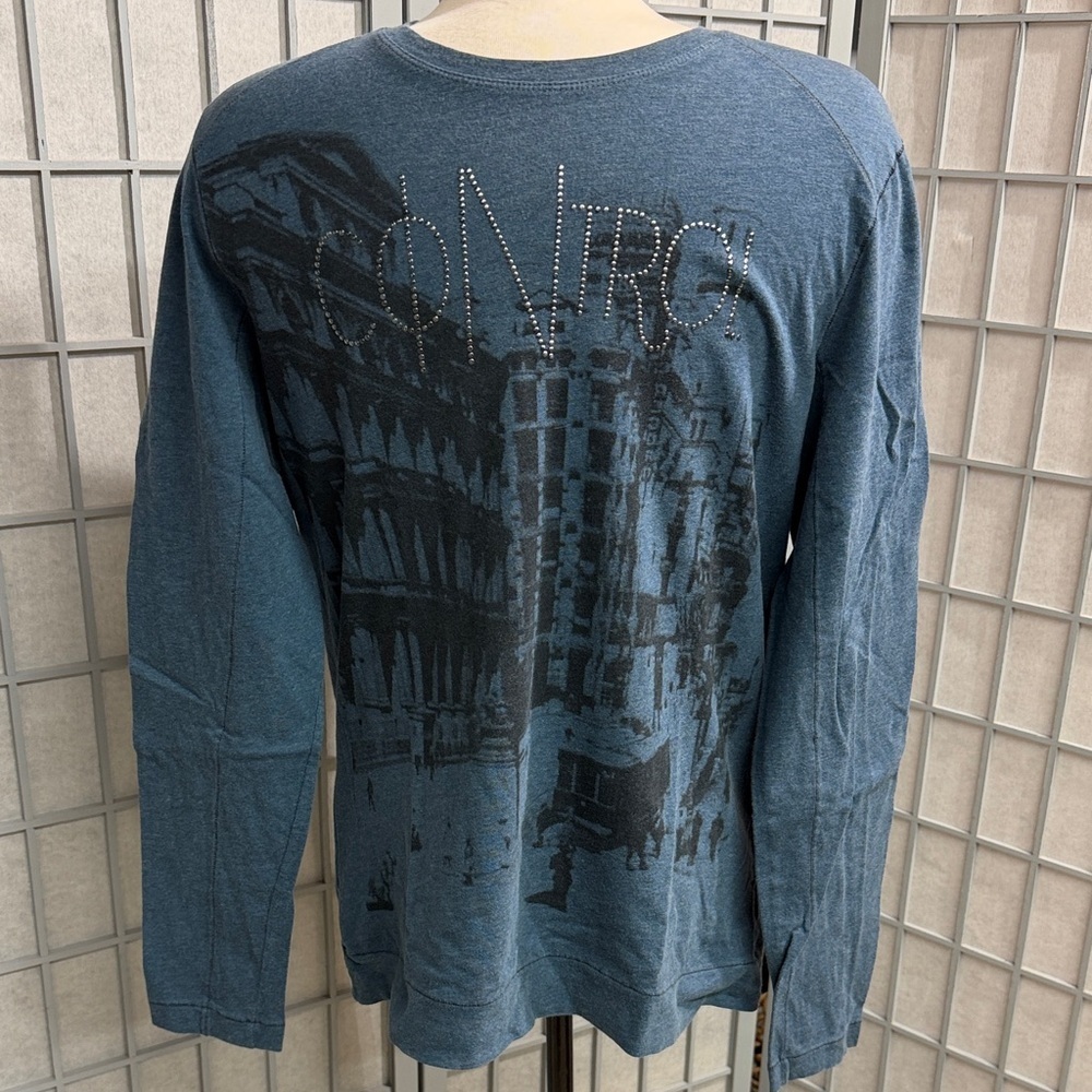Tristan Navy Blue Long-Sleeve Graphic Tee with Stud Accents